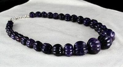 Natural Amethyst Carved Melon Bead 23mm 810ct Sterling Silver Gemstone Necklace