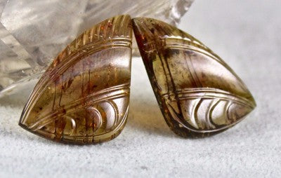 Certified Natural Honey Brown Tourmaline Carved 39.35 Ct Gemstone Earring Pair