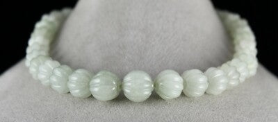 Natural Aventurine Jade 568 Ct Carved Melon Gem Beads Sterling Silver Necklace
