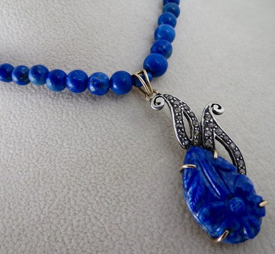 Blue Natural Lapis Lazuli 10ct Natural Diamond Victorian Sterling Silver Pendant
