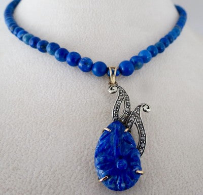 Blue Natural Lapis Lazuli 10ct Natural Diamond Victorian Sterling Silver Pendant