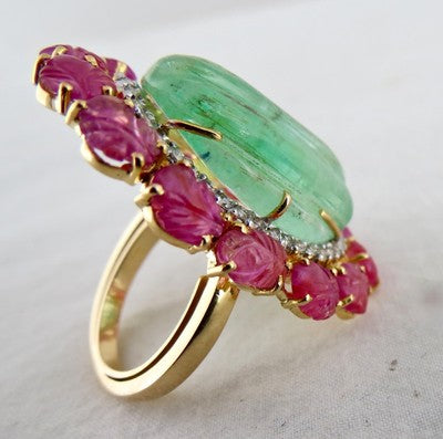 Certified Vintage Natural Emerald 10ct Ruby Carved Natural Diamond 18k Gold Ring