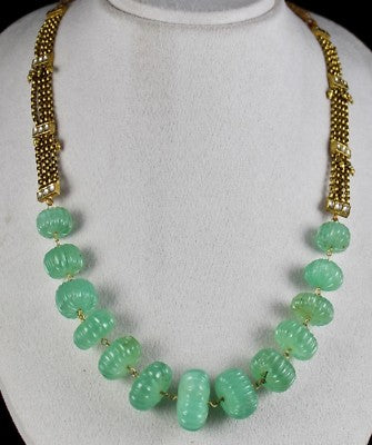 Certified Estate Natural Emerald 510ct Carved Melon Beads Diamond Gold Necklace