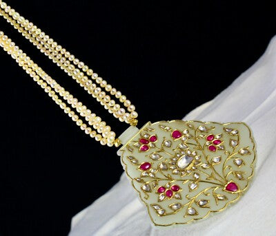 Certified Antique Nephrite Jade Ruby 10ct Natural Diamond 22k Gold Pearl Pendant