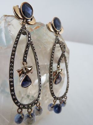 Certified Antique Natural Blue Iolite 10ct Sterling Silver & 18k Gold Earrings