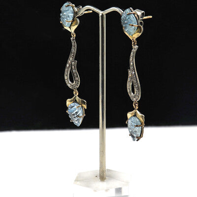 Natural Blue Aquamarine 10.00ct Carved Natural Diamond 18k Gold Silver Earrings
