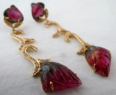 Certified Natural Multi Tourmaline 10ct Diamond 18k Yellow Gold Dangle Earrings