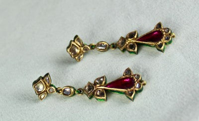 Antique 22k Gold Natural Diamond Pink Tourmaline Jadau Set 257ct Earrings