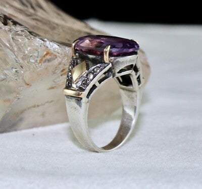 Natural Ametrine 10ct Oval Cut Natural Diamond 18k Gold Silver Vintage Ring