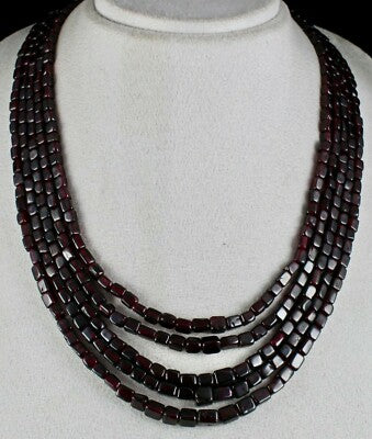 Natural Garnet 842 Ct Square Beads 5 Line Ladies Fashion Necklace