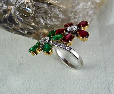 Certified Natural Emerald Rubellite Diamond 10ct 18k Gold Flower Cocktail Ring