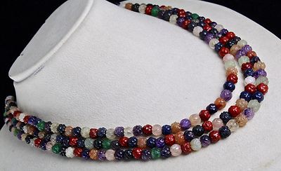 3 Line Multi Semi-precious Carved Beads Gemstone Ladies Necklace 463ct