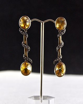 Unique 10.00+ct Yellow Citrine Natural Diamond Victorian Earring 18k Gold Silver