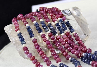 Certified Natural Blue Sapphire Ruby 755ct Melon Beads Gemstone Pearl Necklace