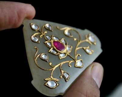 Antique Persian Nephrite Jade 121ct Natural Diamond Ruby 22k Gold Pendant