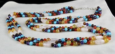 Handmade Natural Semi Precious 1077 Ct Beads 3 Line Gemstone Fashion Necklace