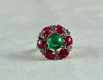 Certified Natural Emerald Burma Ruby Cabochon Diamond Gold Party Ring