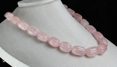 Natural Rose Quartz 883ct Melon Carved Beads Sterling Silver Necklace