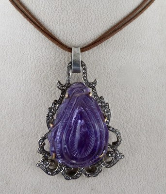 Certified Antique Old Amethyst 139ct Natural Diamond Victorian Pendant 18k Gold