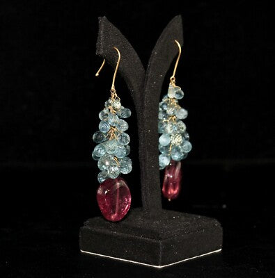 Certified Natural Aquamarine 105ct Rubellite Pink Tourmaline 18k Gold Earrings