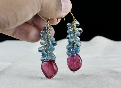 Certified Natural Aquamarine 105ct Rubellite Pink Tourmaline 18k Gold Earrings