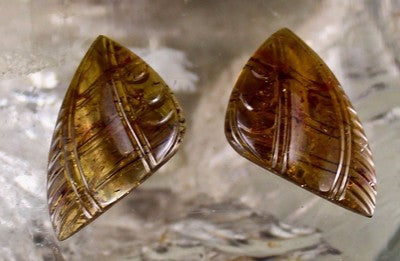 Certified Natural Honey Brown Tourmaline Carved 39.35 Ct Gemstone Earring Pair