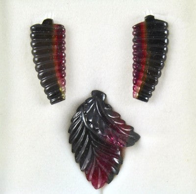 Certified Natural Watermelon Tourmaline Carved 3 Pcs 71.87ct Gemstone Set