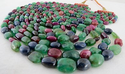 Certified Natural Emerald Ruby Sapphire 1462ct Beads Long Necklace