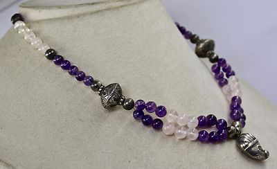 Sterling Silver Vintage Amethyst Ct Rose Quartz Beads Pendant Fashion Necklace