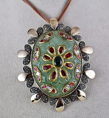 Certified Victorian Natural Emerald 10ct Quartz Ruby Sterling Silver Pendant