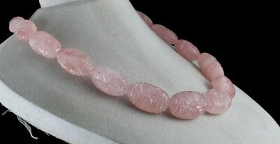 Certified Big Natural Rose Quartz 1488ct Carved Beads Sterling Silver Necklace