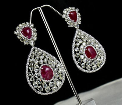 Certified Burma Ruby 200ct Natural Rose Cut Diamond 18k Gold Cocktail Earrings