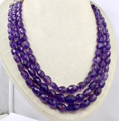 Natural Amethyst 712 Ct Faceted Oval Cabochon Beads Gemstone Necklace 3 Line