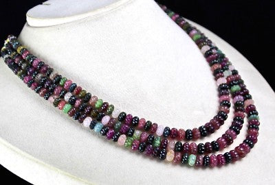 Certified Natural Multi Tourmaline 442ct Beads Melon Carved 3 Line Necklace