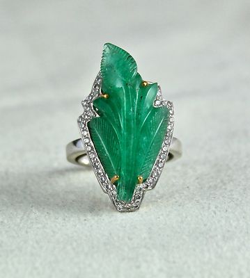 Certified Natural Emerald 10ct Leaf Carved Natural Diamond 18k Gold Antique Ring