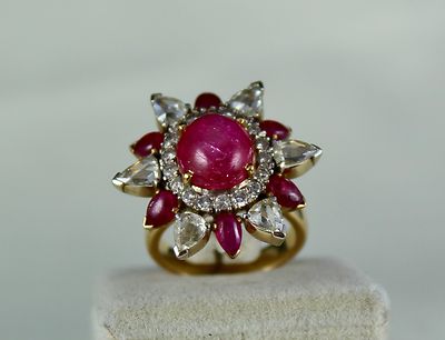 Certified Natural Ruby 62.85ct Cabochon Natural Diamond 18k Gold Cocktail Ring