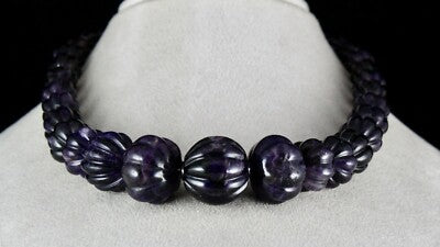 Natural Amethyst Carved Melon Bead 23mm 810ct Sterling Silver Gemstone Necklace