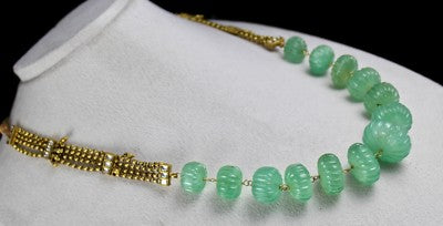 Certified Estate Natural Emerald 510ct Carved Melon Beads Diamond Gold Necklace
