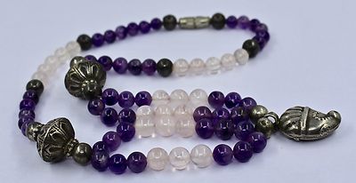 Sterling Silver Vintage Amethyst Ct Rose Quartz Beads Pendant Fashion Necklace