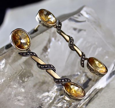 Unique 10.00+ct Yellow Citrine Natural Diamond Victorian Earring 18k Gold Silver