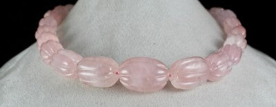 Natural Rose Quartz 883ct Melon Carved Beads Sterling Silver Necklace