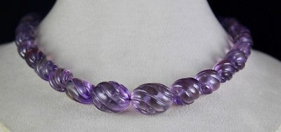 Natural Amethyst 552 Ct Beads Carved Sterling Silver Classic Necklace