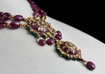 Certified Natural Ruby 600ct Natural Diamond 18k Gold Jadau Antique Necklace