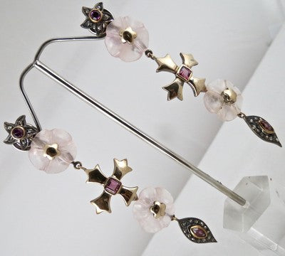 Certified Natural Rose Quartz 114.6ct Garnet Diamond Sterling Silver Earrings