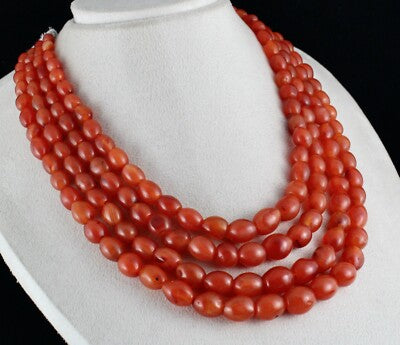Long 4 Line Red Natural Carnelian Beads 1235 Carats Fashion Necklace