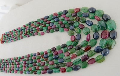 Certified Natural Emerald Ruby Sapphire 1462ct Beads Long Necklace