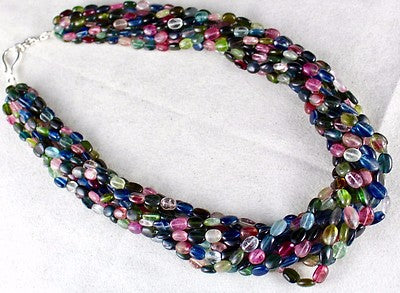 Certified Natural Multi Tourmaline Cabochon Beads Silver Necklace 985 Ct