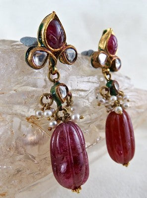 Certified Antique Natural Ruby 64.50 Ct 22k Gold Diamond Pearl Jadau Earrings