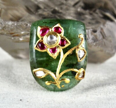 Certified Natural Emerald Cabochon 59ct Natural Diamond Ruby 22k Gold Gemstone