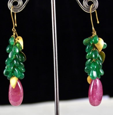 Certified Natural Zambian Emerald 10ct Burmese Ruby Teardrop 18k Gold Earrings